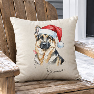 German Shepherd Christmas Illustration Pet Name Throw Pillow