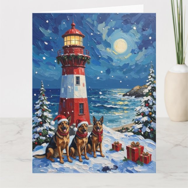 German Shepherd Christmas Lighthouse Holiday Card (Front)