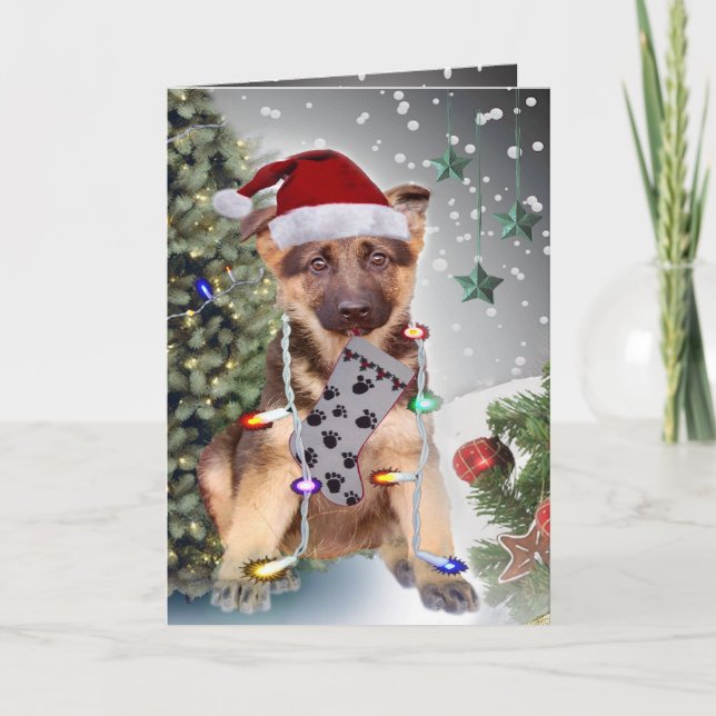 German Shepherd Christmas Lights Holiday Card (Front)