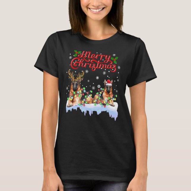 German Shepherd Christmas Lights Tree Matching Dog T-Shirt (Front)