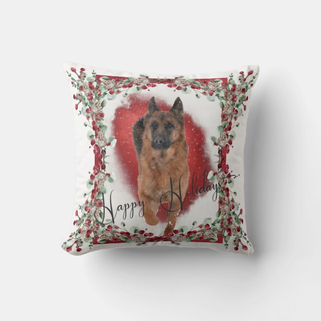 German Shepherd Christmas Photo in the Snow Throw Pillow (Front)