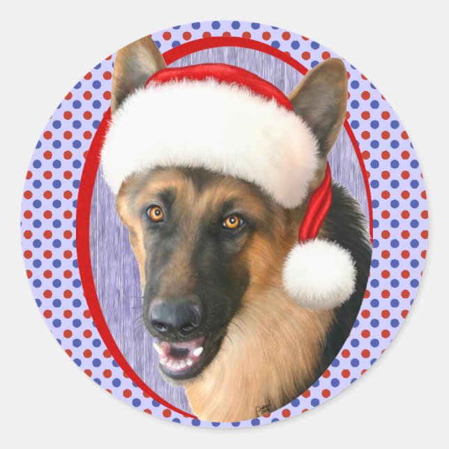 German Shepherd Christmas Santa Hat Classic Round Sticker (Front)