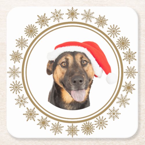 German Shepherd Christmas Santa Hat Dog Lovers Square Paper Coaster