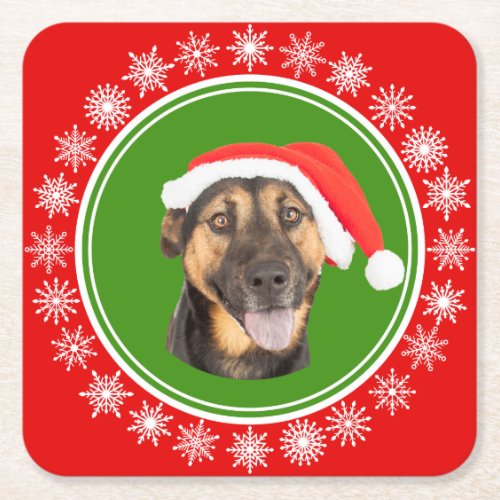 German Shepherd Christmas Santa Hat Jolly Dog Square Paper Coaster