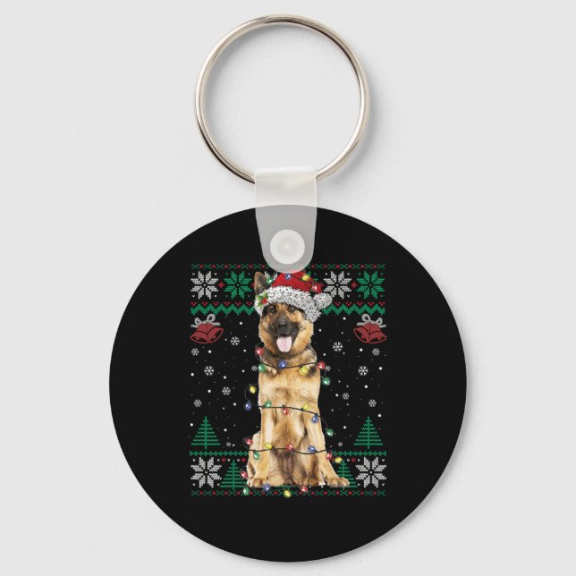 German Shepherd Christmas Santa Ugly Sweater Dog L Keychain (Front)