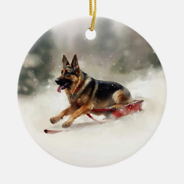 German Shepherd Christmas snow winter  Ceramic Ornament (Front)
