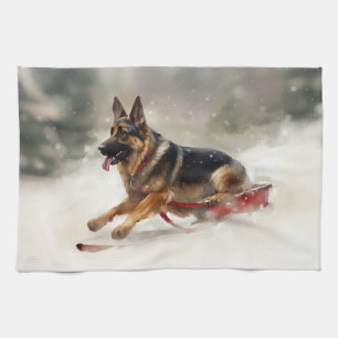 German Shepherd Christmas snow winter Kitchen Towel