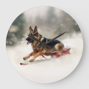 German Shepherd Christmas snow winter Large Clock