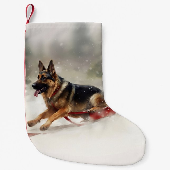 German Shepherd Christmas snow winter  Small Christmas Stocking (Front)