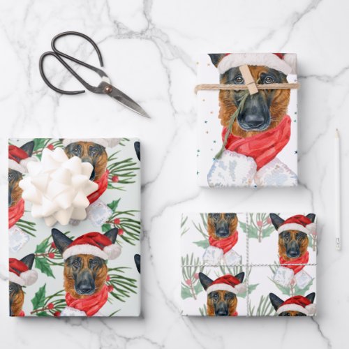 German Shepherd Christmas Watercolor Pine Branches Wrapping Paper Sheets