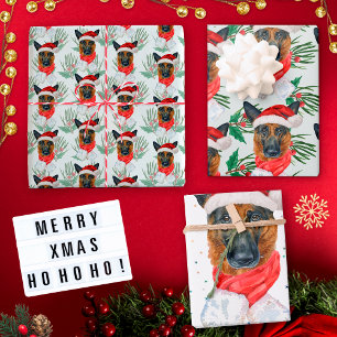 German Shepherd Christmas Watercolor Pine Branches Wrapping Paper Sheets