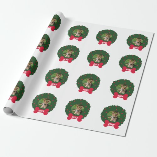 German Shepherd Christmas Wreath Dogs Photo Name Wrapping Paper