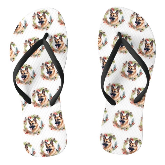 German Shepherd Christmas Wreath Festive Pup  Flip Flops (Footbed)