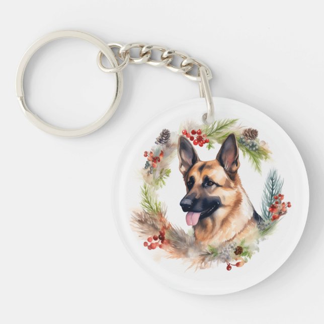 German Shepherd Christmas Wreath Festive Pup  Keychain (Front)