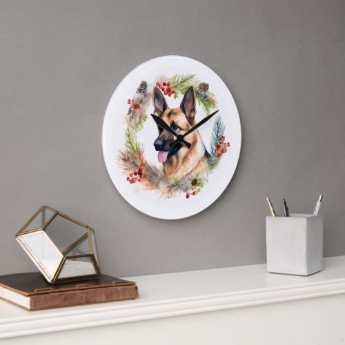 German Shepherd Christmas Wreath Festive Pup  Large Clock