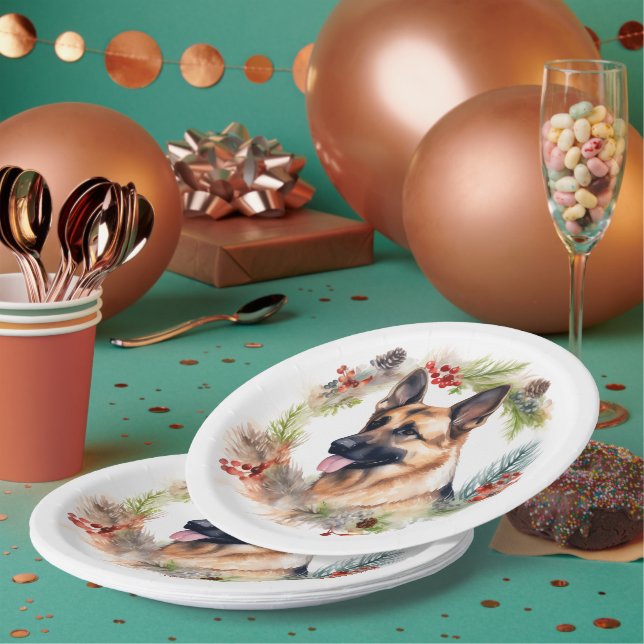 German Shepherd Christmas Wreath Festive Pup  Paper Plates (Multi)