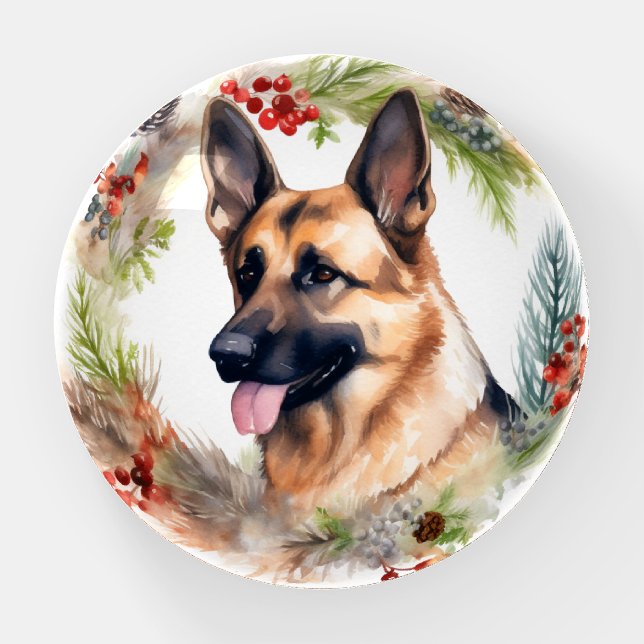 German Shepherd Christmas Wreath Festive Pup  Paperweight (Front)
