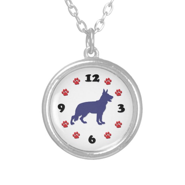 German Shepherd Clock Silver Plated Necklace (Front)