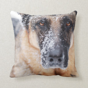 German Shepherd Closeup Covered In Snow Throw Pillow