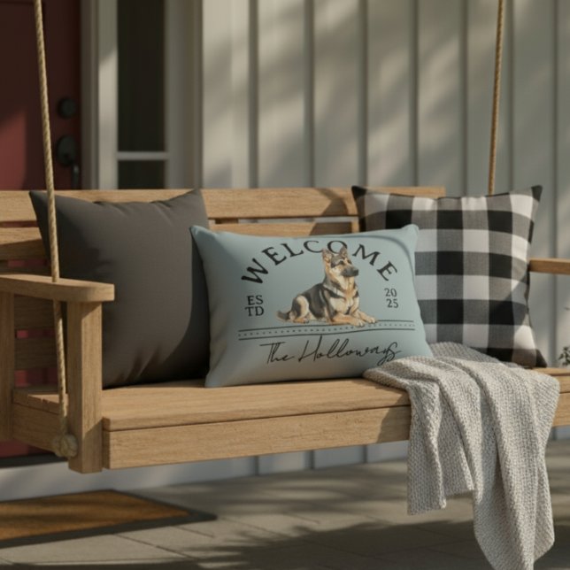 German Shepherd Custom Family Name Welcome Accent Pillow (Welcome guests to your home with this German Shepherd Custom Family Name Welcome Throw Pillow!)