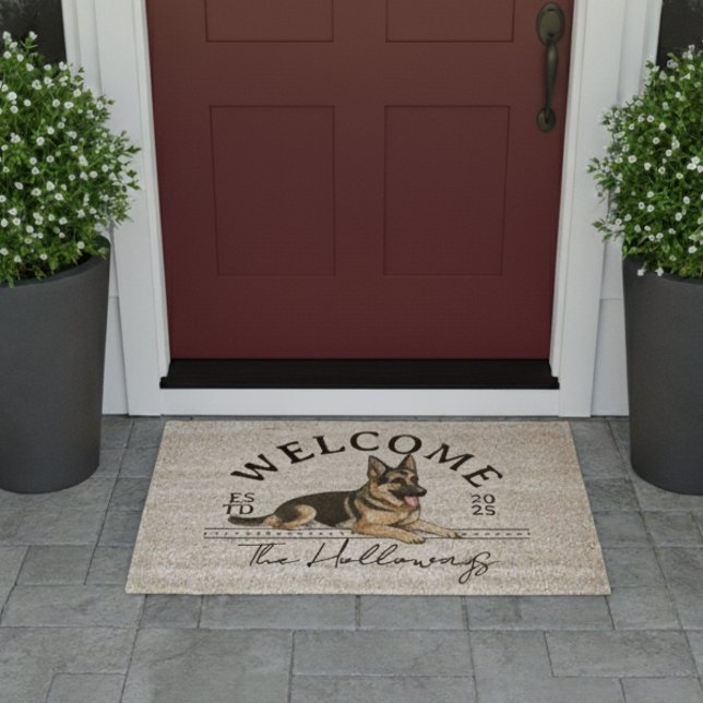 German Shepherd Custom Family Name Welcome Fiber Doormat (Welcome guest to your loving, pet friendly home with this German Shepherd Custom Family Name Rug!)