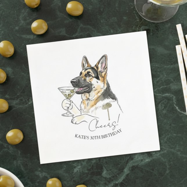 German Shepherd Dirty Martini Cocktail Napkins (Celebrate with this custom hand drawn german shepherd martini cocktail napkin!)