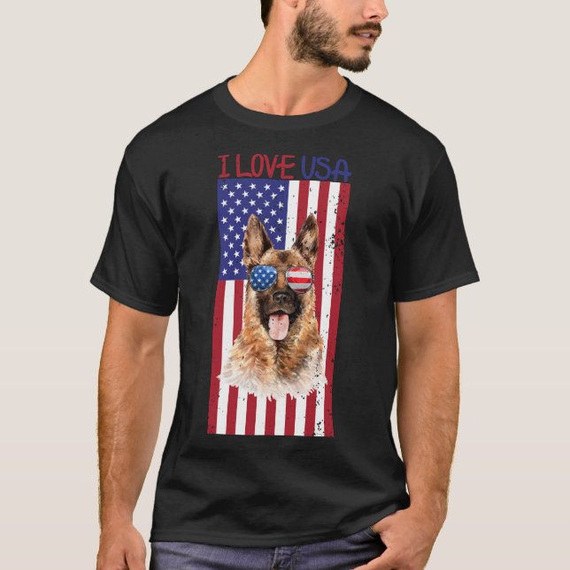 German Shepherd Dog 4th Of July Tee American Flag  (Front)
