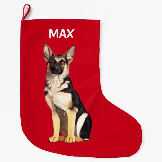 German Shepherd Dog at Christmas Name Customizable Large Christmas Stocking (Front)