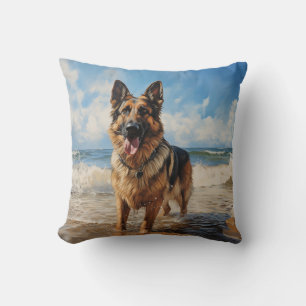 German Shepherd dog at the beach Throw Pillow