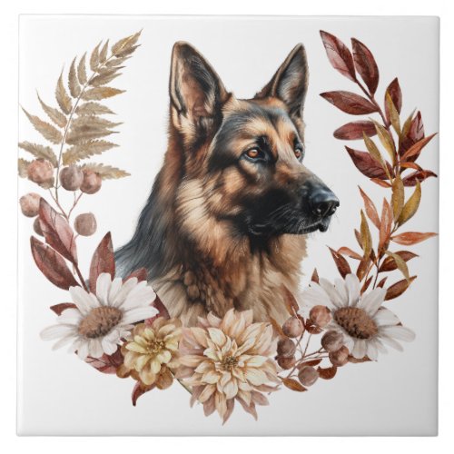 German Shepherd Dog Autumn Wreath Ceramic Tile