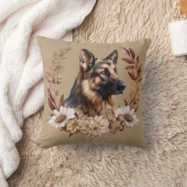 German Shepherd Dog Autumn Wreath Throw Pillow (Blanket)