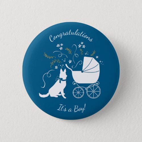 German Shepherd Dog Baby Shower Blue Boy Button