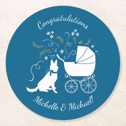 German Shepherd Dog Baby Shower Blue Boy Round Paper Coaster