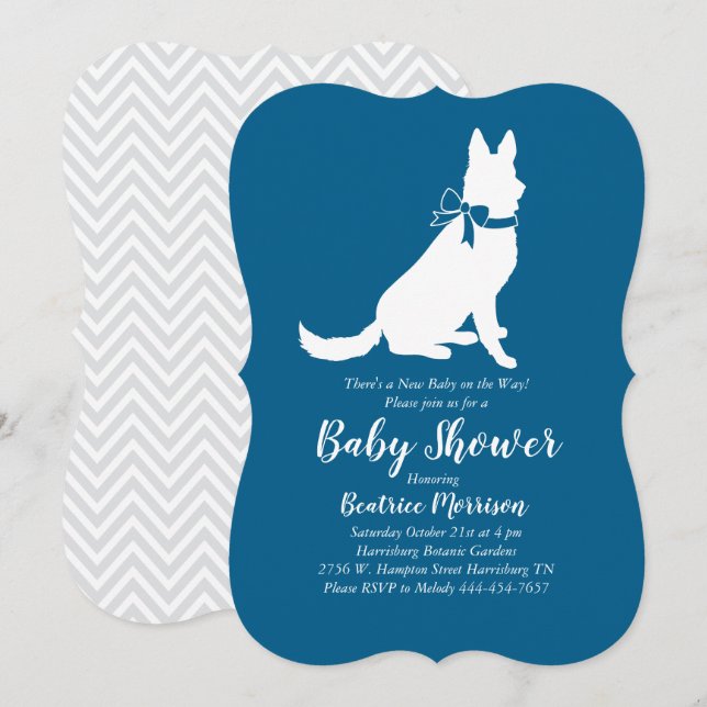 German Shepherd Dog Baby Shower French Blue Boy Invitation (Front/Back)