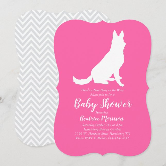 German Shepherd Dog Baby Shower French Pink Girl Invitation (Front/Back)