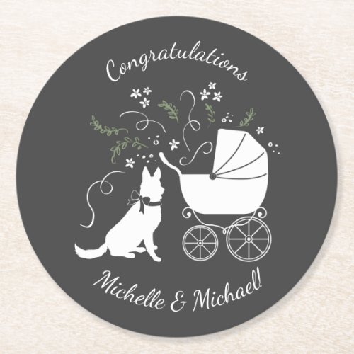 German Shepherd Dog Baby Shower Genderless Round Paper Coaster