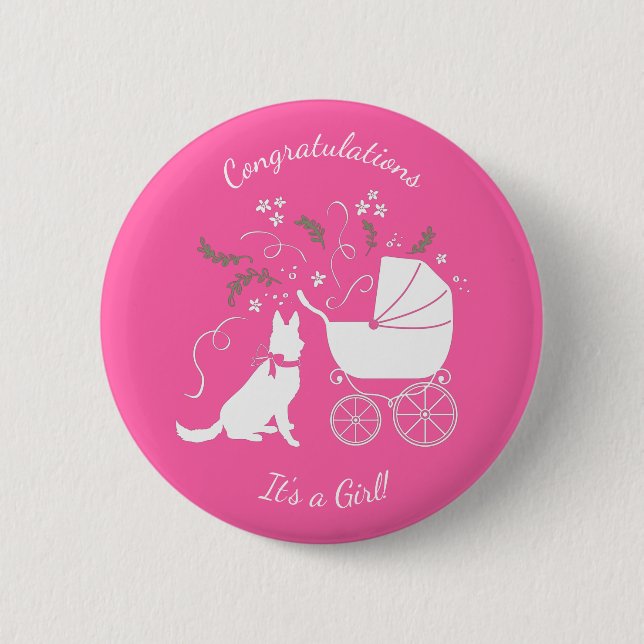 German Shepherd Dog Baby Shower Pink Girl Button (Front)