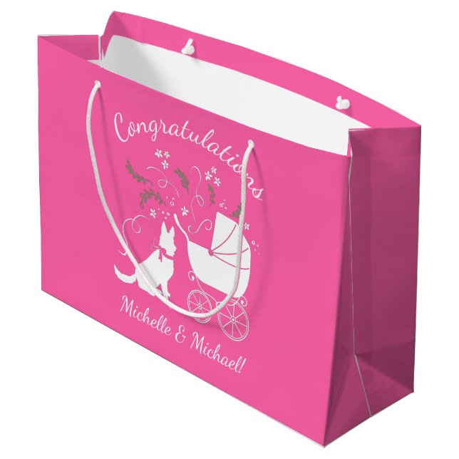 German Shepherd Dog Baby Shower Pink Girl Large Gift Bag (Back Angled)