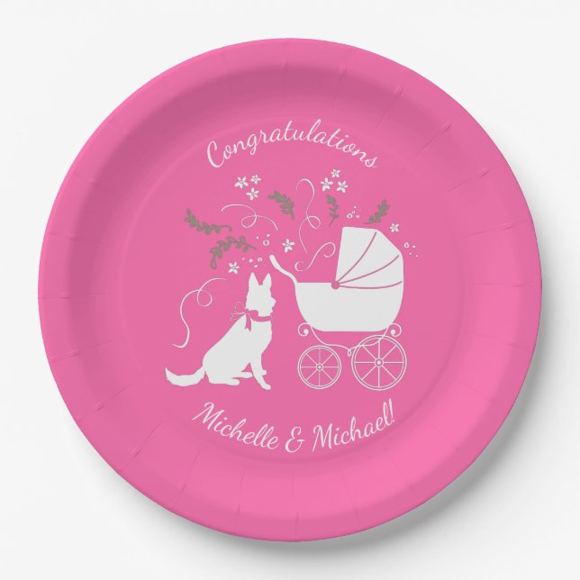 German Shepherd Dog Baby Shower Pink Girl Paper Plates (Front)