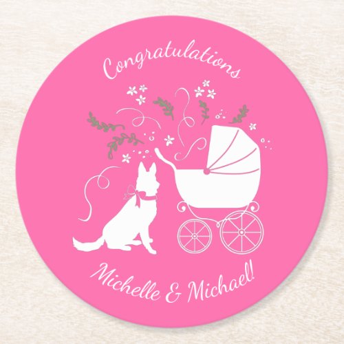 German Shepherd Dog Baby Shower Pink Girl Round Paper Coaster