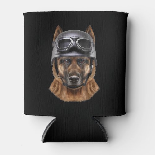 German Shepherd Dog Biker In Motorcycle Helmet Can Cooler