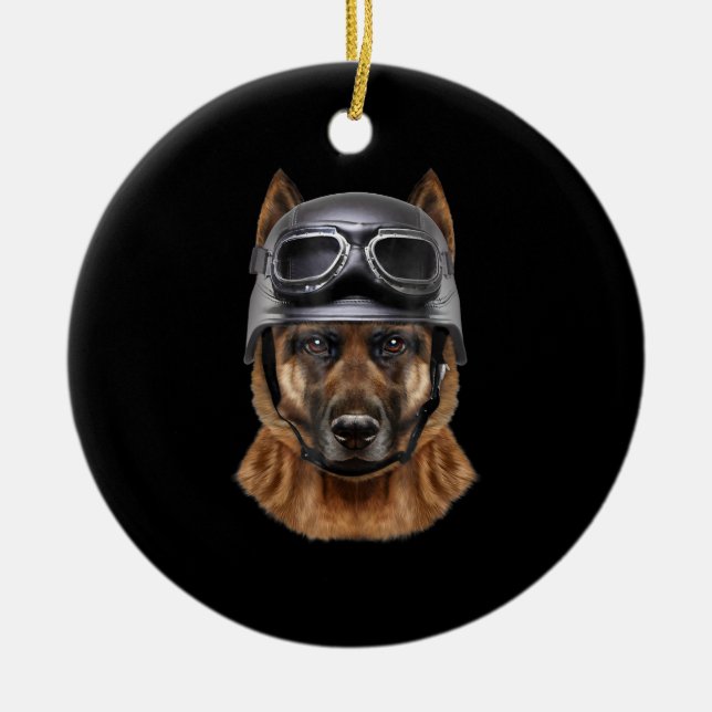 German Shepherd Dog, Biker In Motorcycle Helmet Ceramic Ornament (Front)