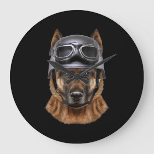 German Shepherd Dog, Biker In Motorcycle Helmet Large Clock