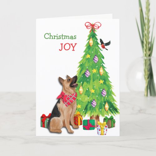 German Shepherd Dog Bird and Christmas Tree Holiday Card