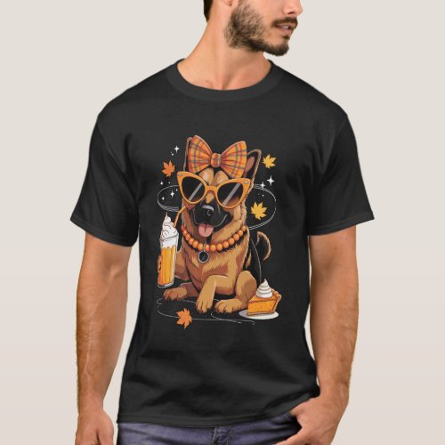 German Shepherd Dog Bow Girls Autumn Leaves Thanks T-Shirt