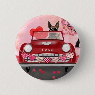 German Shepherd Dog Car with Hearts Valentine's Button