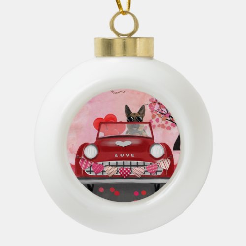 German Shepherd Dog Car with Hearts Valentines Ceramic Ball Christmas Ornament