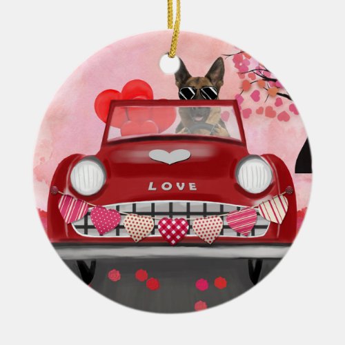 German Shepherd Dog Car with Hearts Valentines Ceramic Ornament
