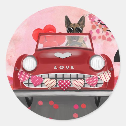 German Shepherd Dog Car with Hearts Valentines  Classic Round Sticker