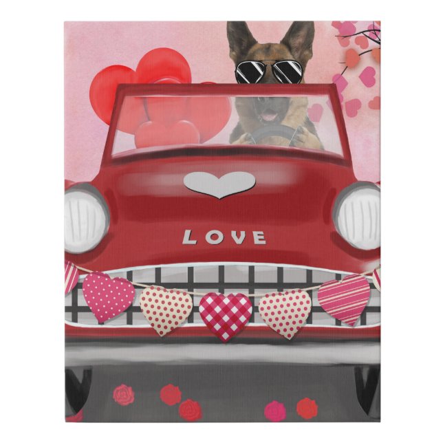 German Shepherd Dog Car with Hearts Valentine's  Faux Canvas Print (Front)